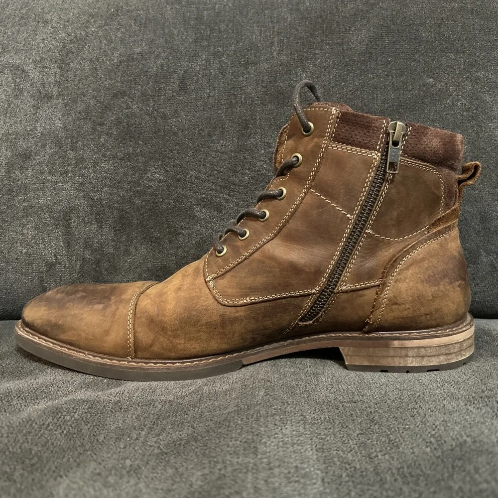 Florsheim Boots Mens 10 Brown Leather Lace Up Side Zip Cap Toe Rugged Shoe Moto